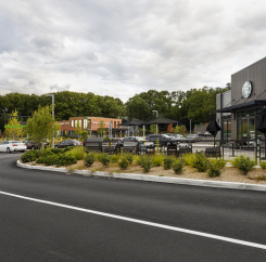 The vet hospital shares a parking lot with Starbucks