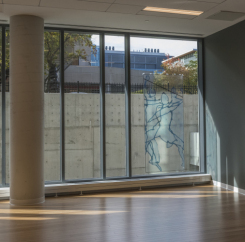 Floor to ceiling windows with artwork on the glass