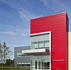 Angled shot of front entrance, showing off red accent feature