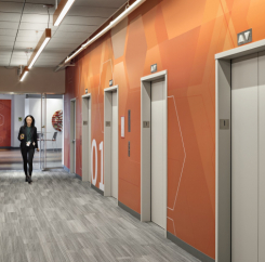 Woman walking through the first floor elevator lobby