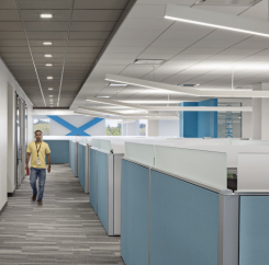 Employee walking past low rise cubicles with glass shield extenders