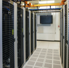 Rows of server towers with wire management solutions